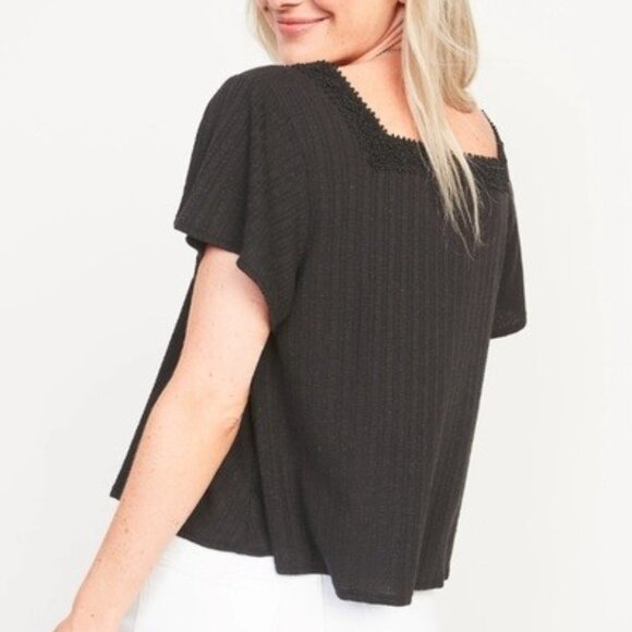 Old Navy Flutter Sleeve Crochet Lace Pointelle Top Knit Swing Blouse Black XL - Picture 2 of 6